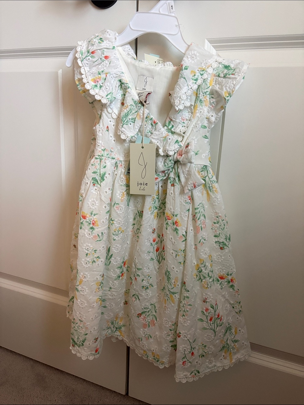 Joie Girls Floral Eyelet Sundress in White with Green, Yellow & Coral Accents